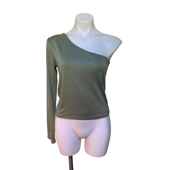 Brit + Bri One Shoulder Long Sleeve Shirt Sage Green Size Large - Picture 1 of 6